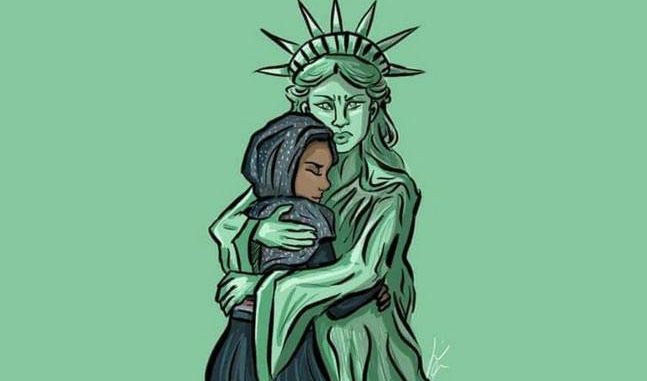 Statue-Of-Liberty-Hugging-Arab-Girl الجرين كارد - تمثال الحرية يحضن امرأة عربية